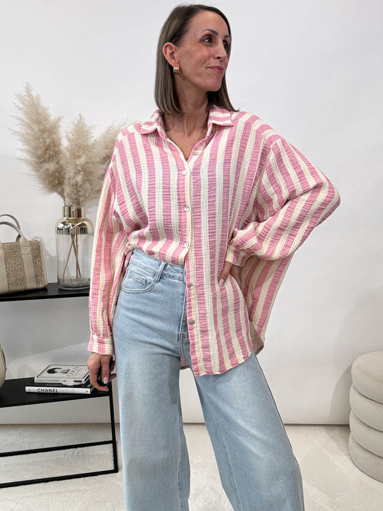 "Stripes Midi" Musselin Bluse mit Streifen - rosa