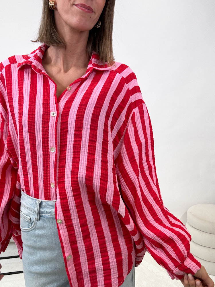 "Stripes Midi" Musselin Bluse mit Streifen - rosa/rot