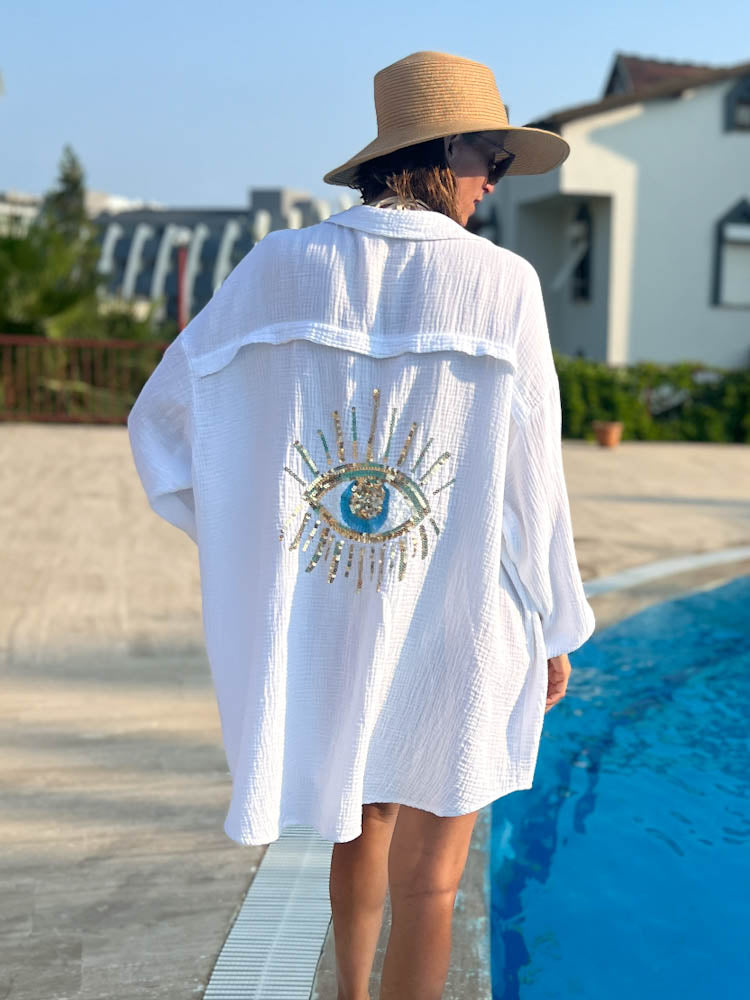 Musselin Bluse Auge aus Pailetten Oversize – weiß