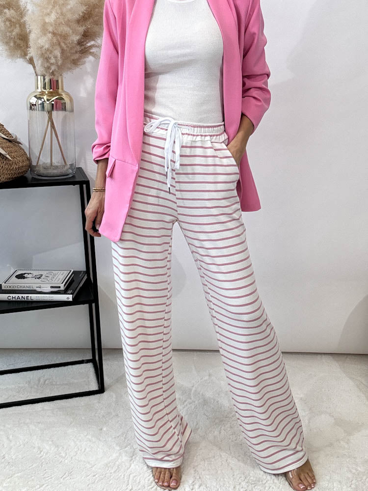 "Relax" gestreifte Hose aus Viscose - weiß/rosa