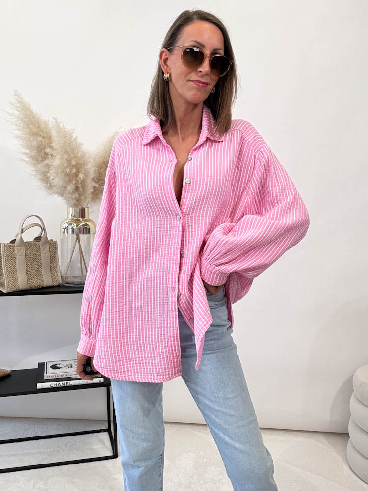 "Little Stripes" Musselin Bluse Midi mit Streifen - rosa/weiss