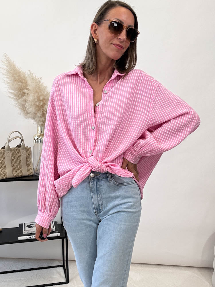 "Little Stripes" Musselin Bluse Midi mit Streifen - rosa/weiss