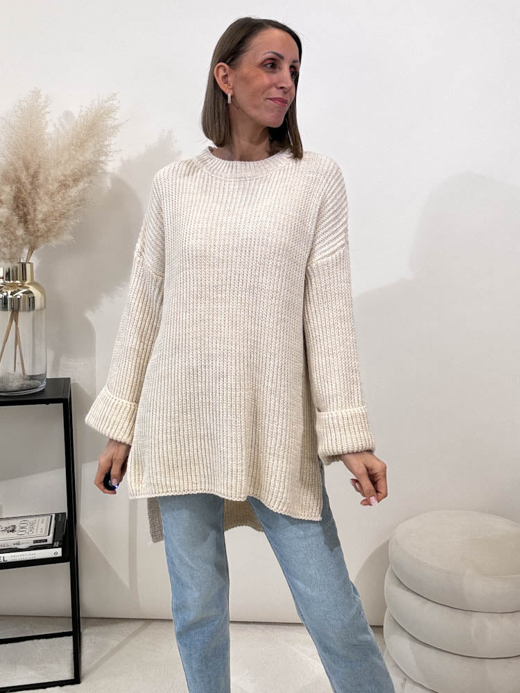 Strickpullover mit Schlitz - beige