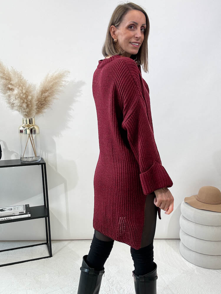 Strickpullover mit Schlitz - bordeaux