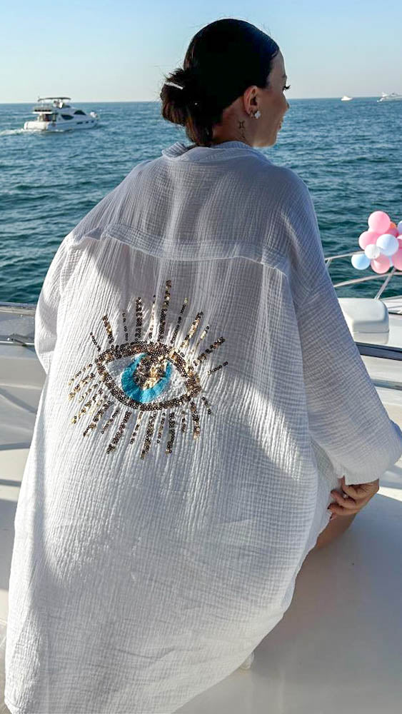 Musselin Bluse Auge aus Pailetten Oversize – weiß