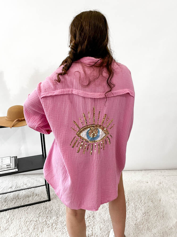 Musselin Bluse Auge aus Pailetten Oversize – rosa
