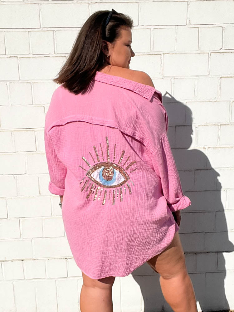 Musselin Bluse Auge aus Pailetten Oversize – rosa