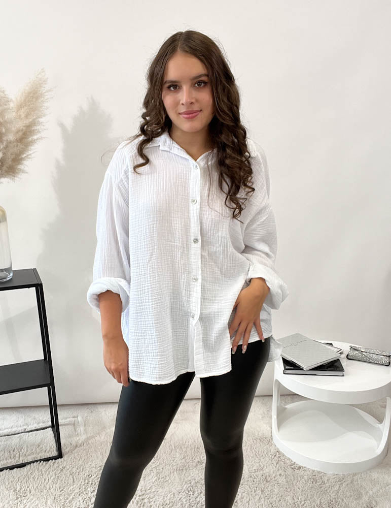 "Waffle Midi" kurze Bluse aus Baumwolle (Musselin)- weiss