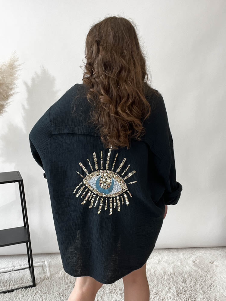 Musselin Bluse Auge aus Pailetten Oversize – schwarz