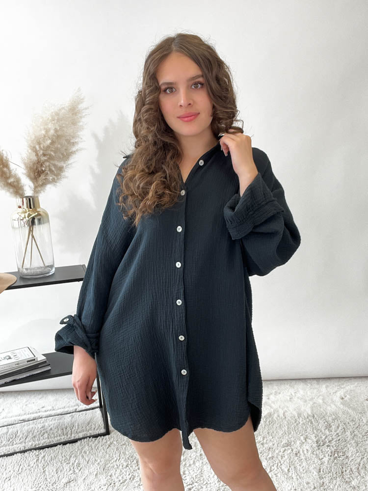 Musselin Bluse Auge aus Pailetten Oversize – schwarz