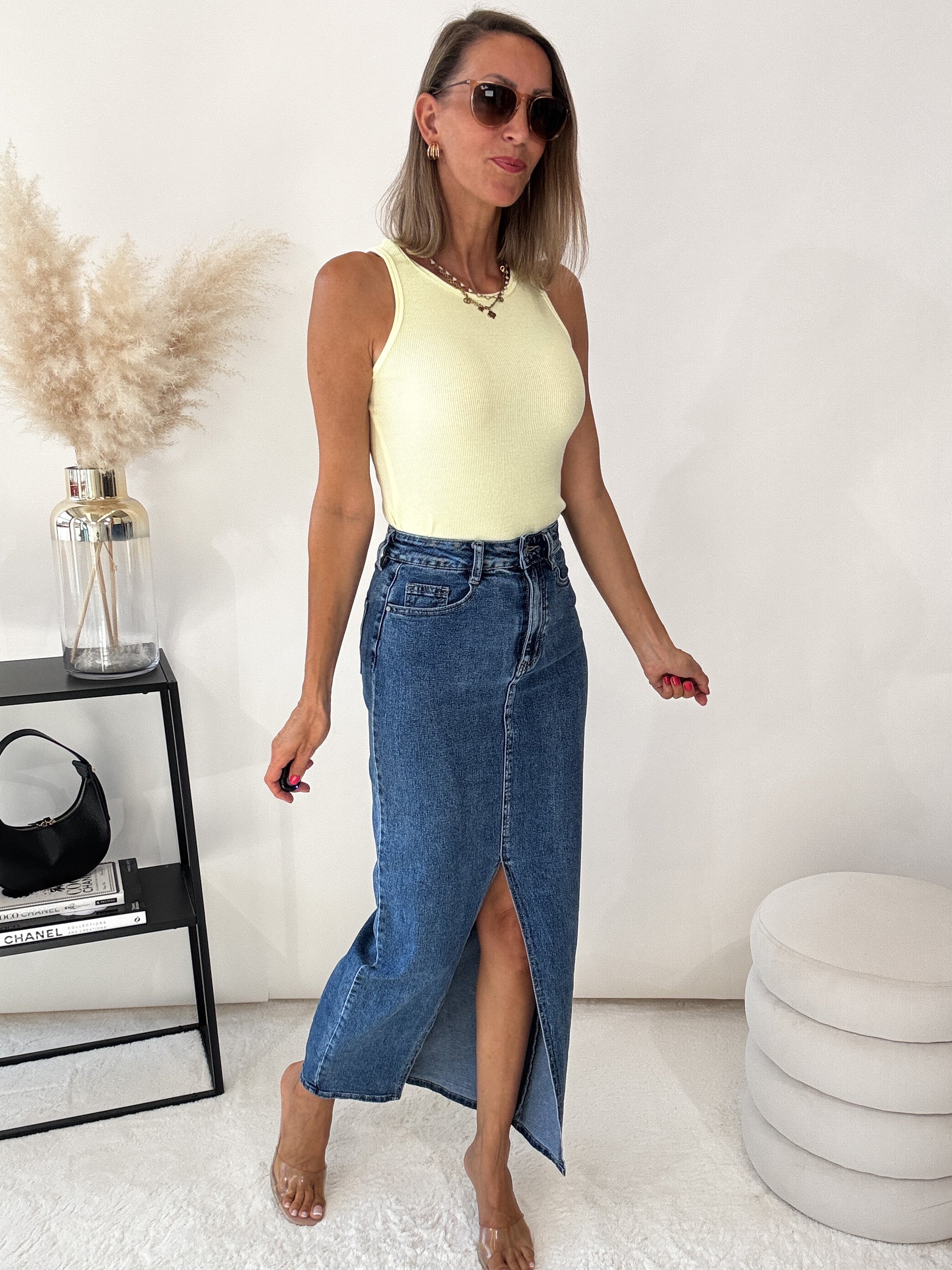 "Almeria" langer Jeansrock mit Schlitz - blau