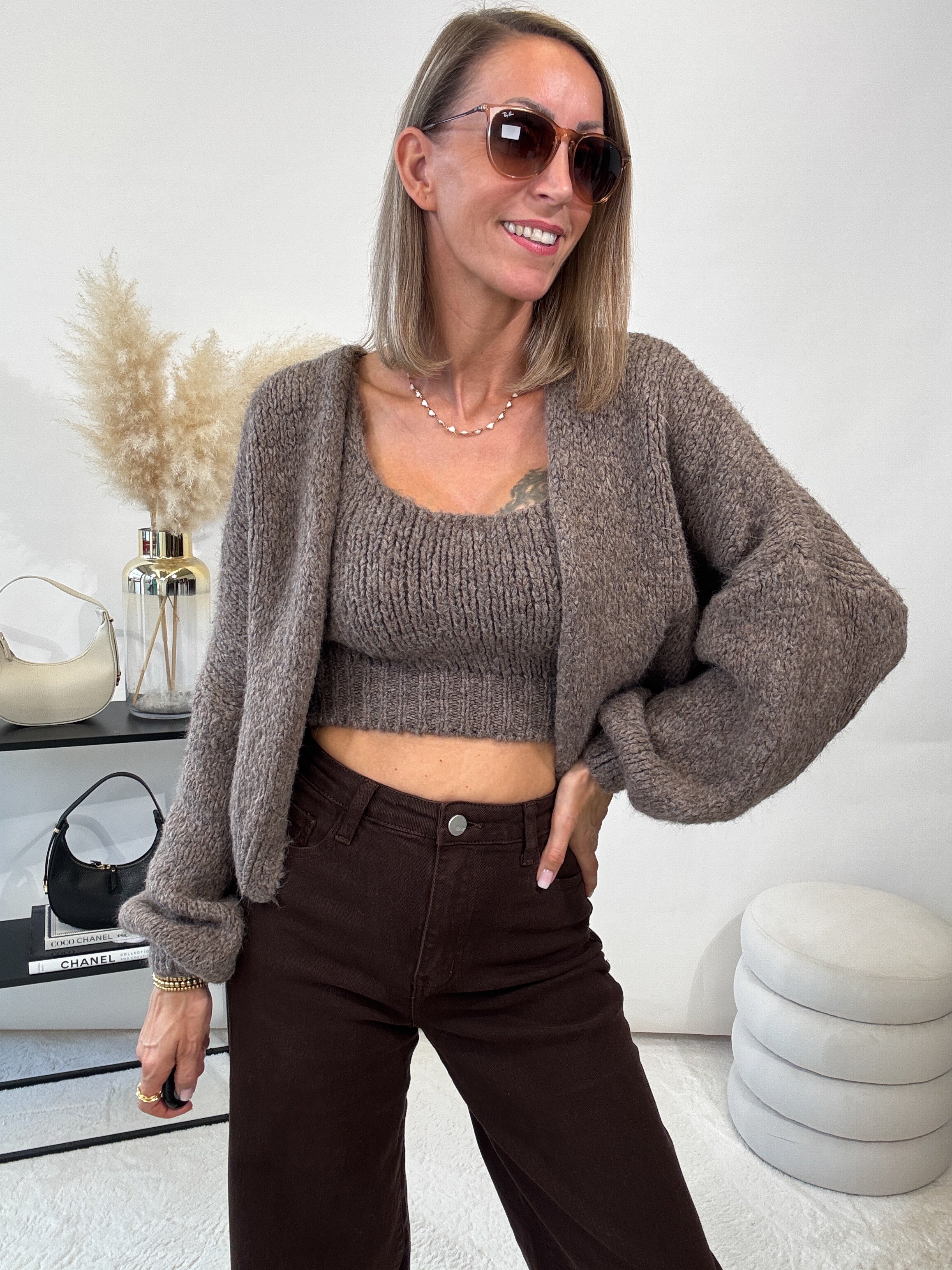 "Cozy Duo" weiches Set aus Top und Cardigan - mocca
