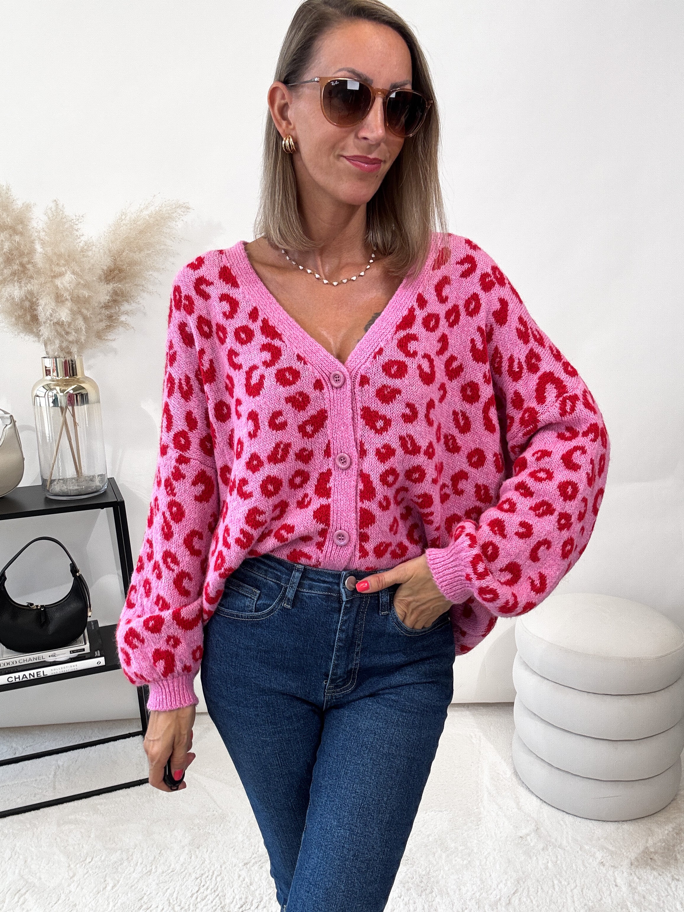 "Firenze" kuscheliger Leo Cardigan - pink/rot