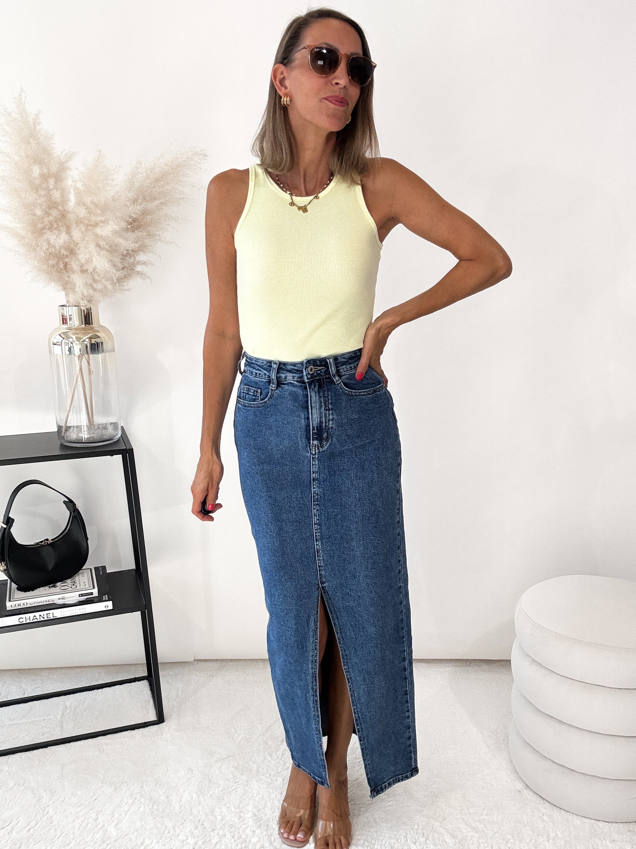 "Almeria" langer Jeansrock mit Schlitz - blau