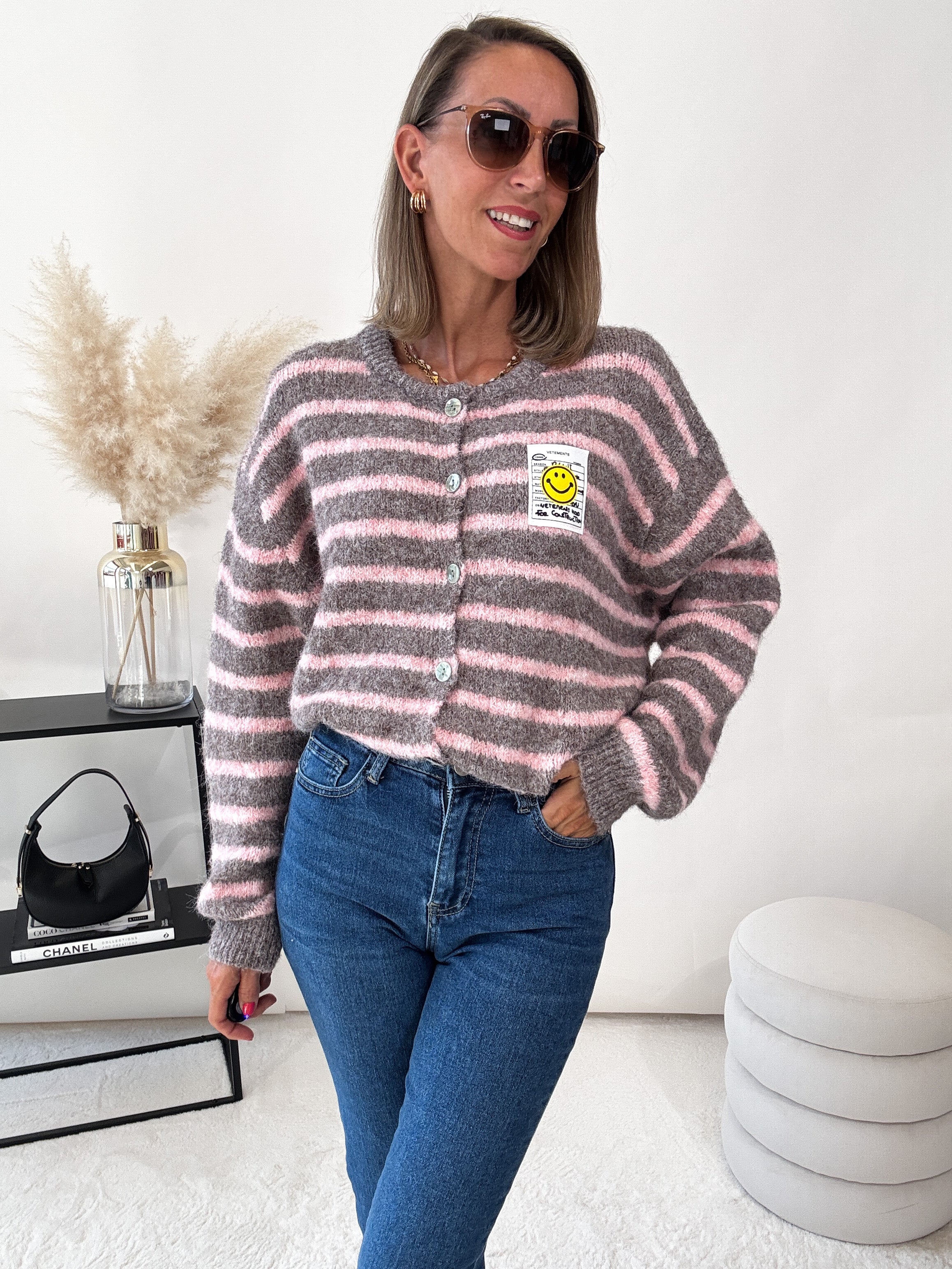 "Bari Stripes" kuscheliger Cardigan - grau/rosa