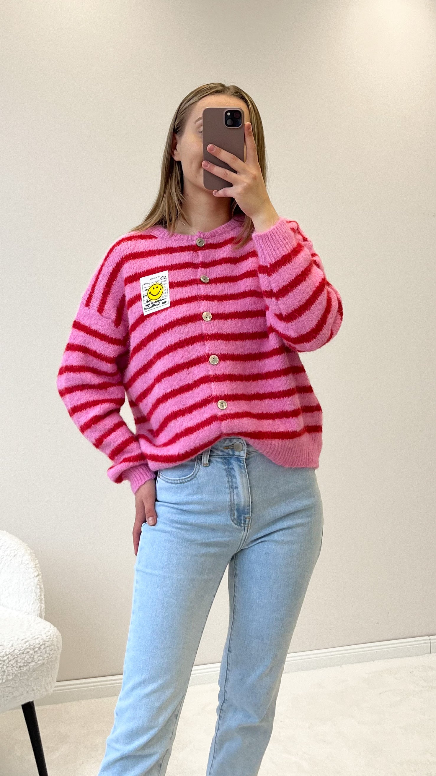 "Bari Stripes" kuscheliger Cardigan - rosa/rot