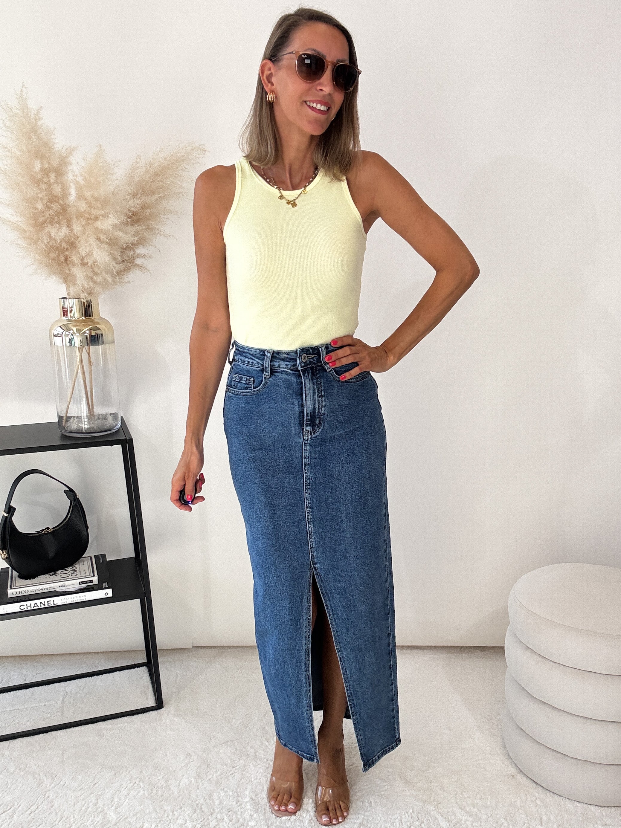 "Almeria" langer Jeansrock mit Schlitz - blau