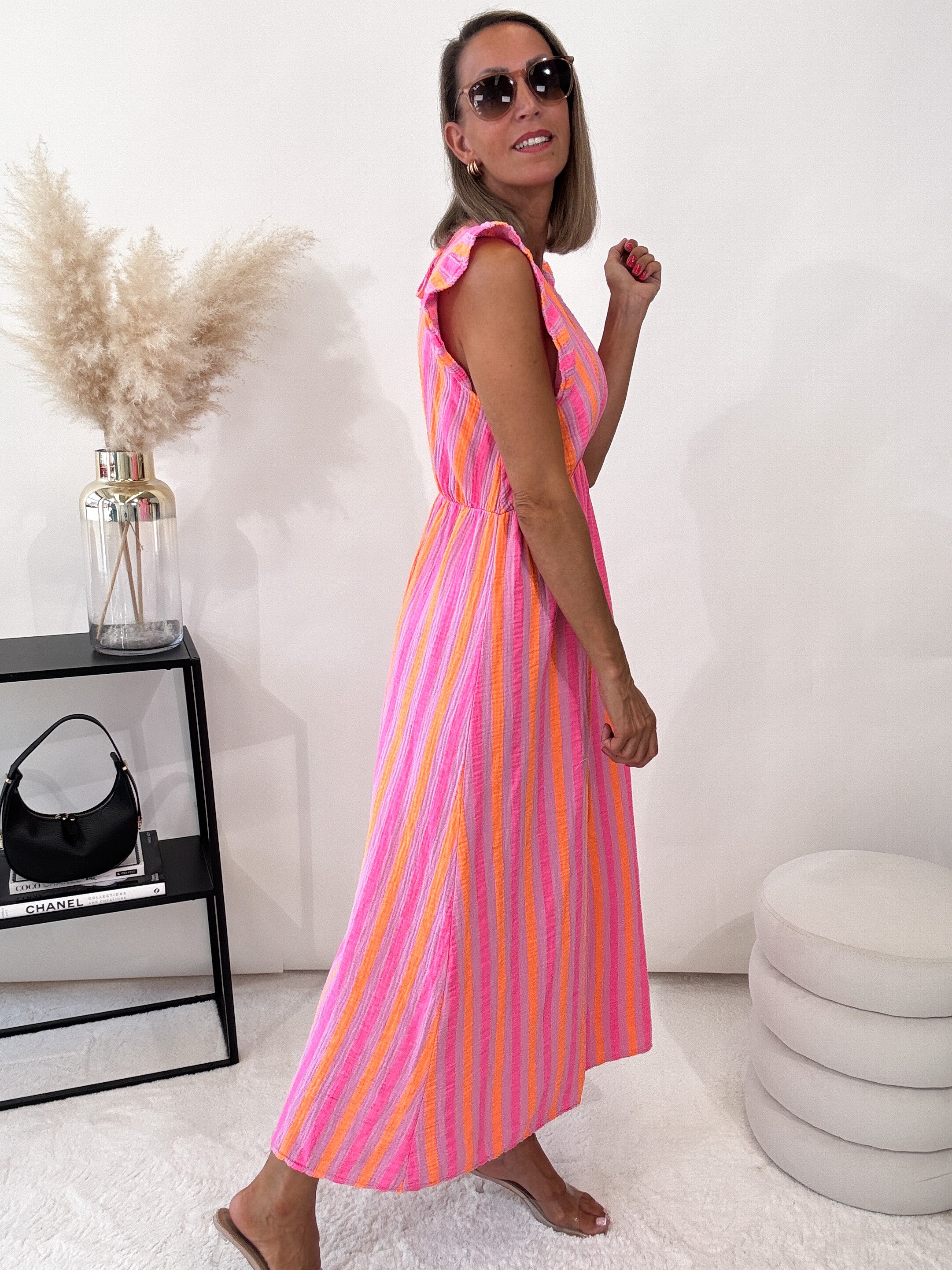 ,,Pianosa"- Stripes Maxikleid aus Musselin - rosa/orange