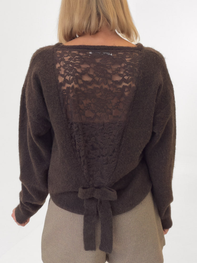 "Elly" Pullover aus Viskose & Lana Wolle mit Spitzendetails - braun