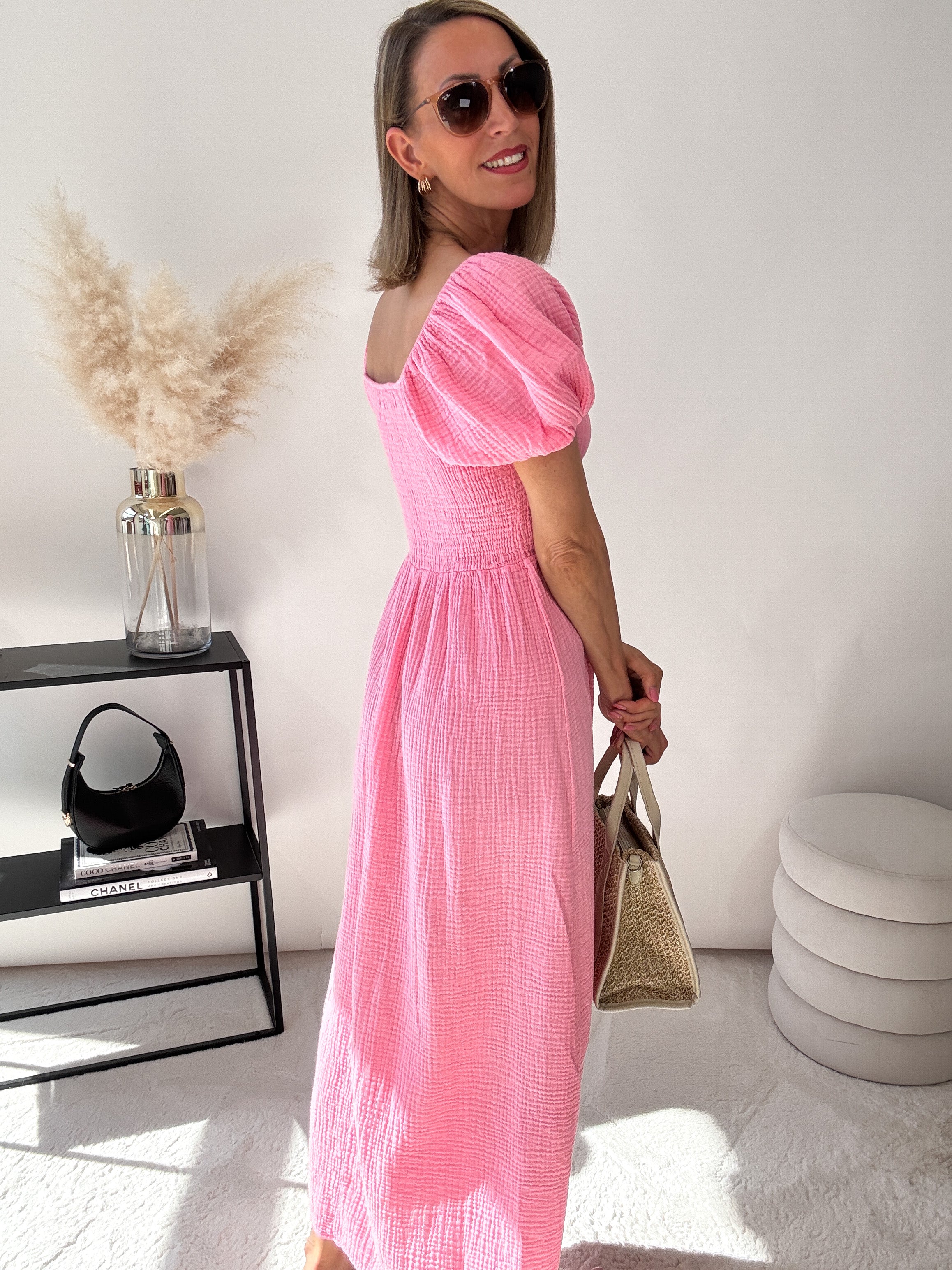 ,,Turino Waffel Dress" - Maxikleid aus Musselin - candy rose