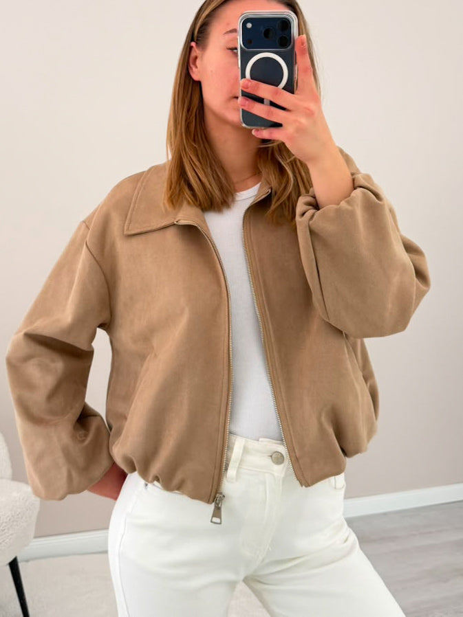 "Mona" weiche Jacke in Velourleder Optik  - taupe