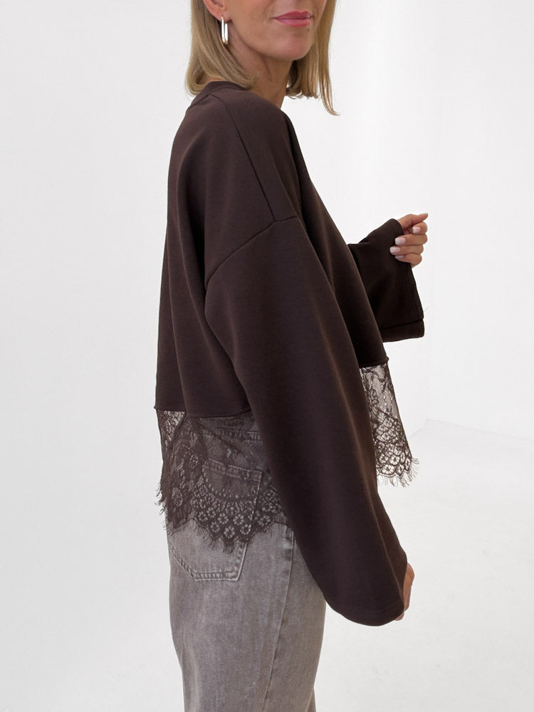 "Faro Lace" stylisches Sweatshirt mit Spitzendetails - chocobraun