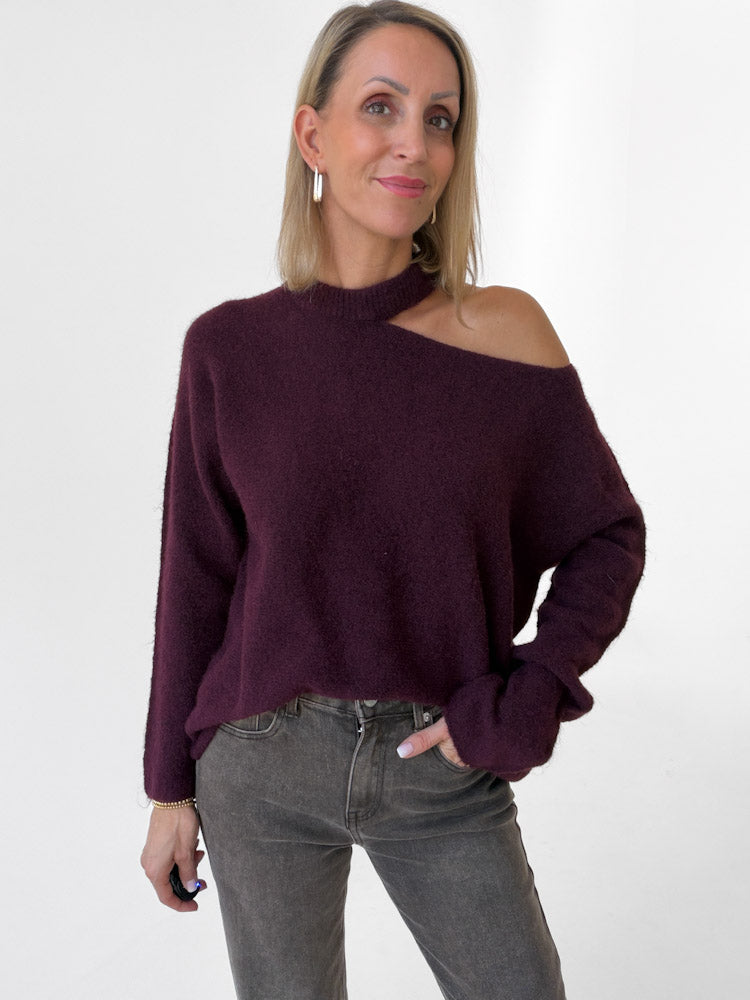 "Laguna" Pullover mit Cut-Out aus Lana & Alpaka Wolle - plum
