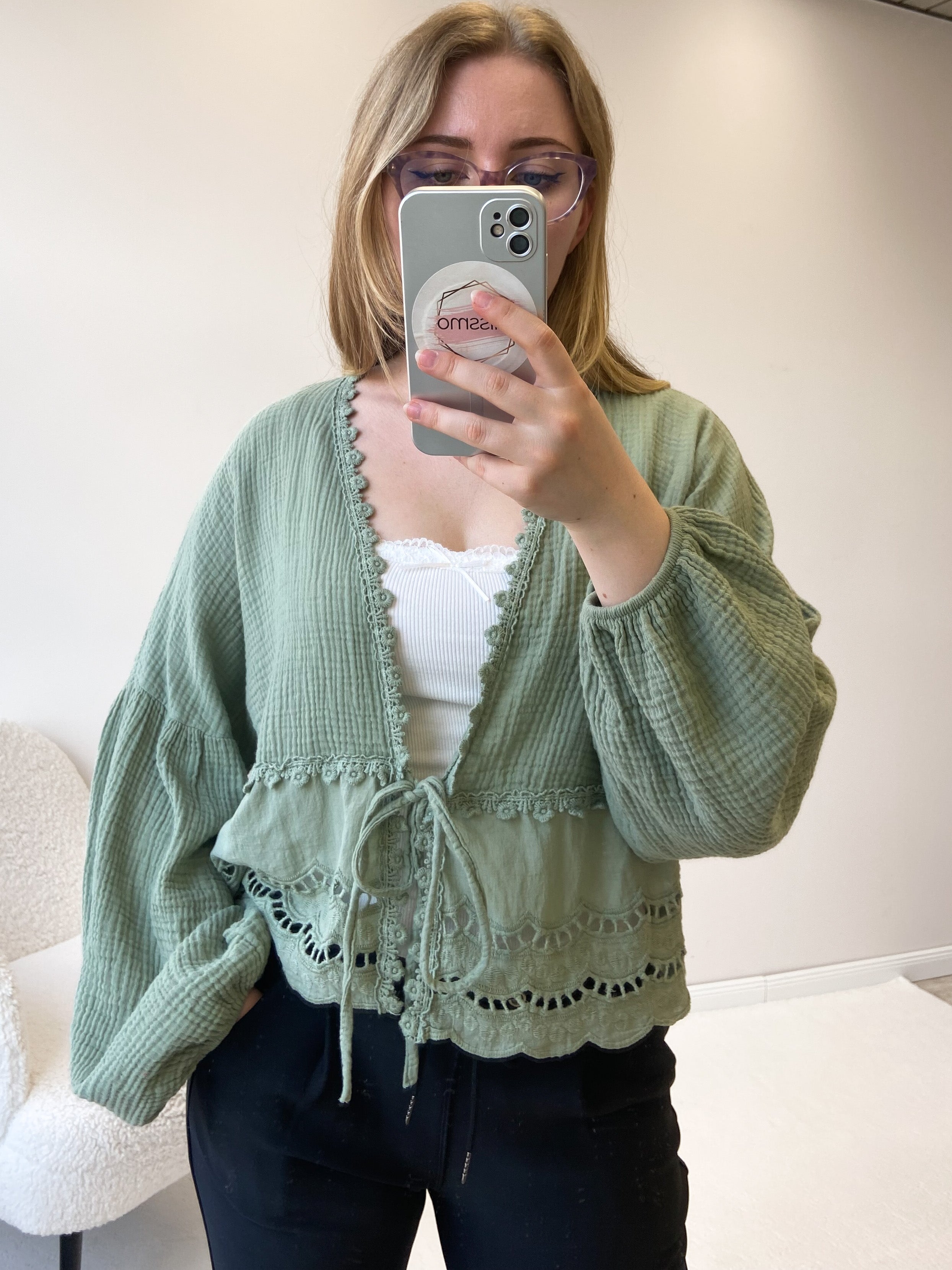 Musselin Cardigan aus Baumwolle - matcha