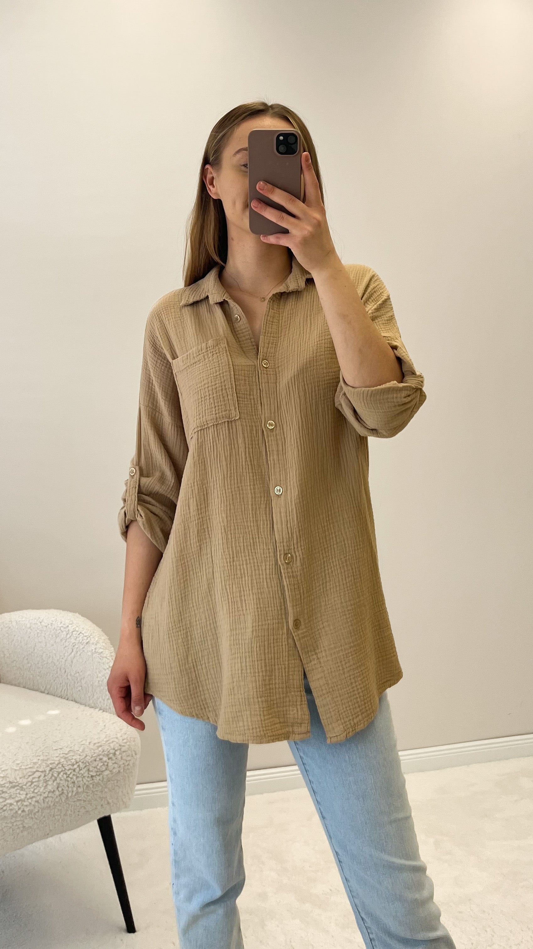 "Waffle Shirt" Bluse aus Musselin - taupe