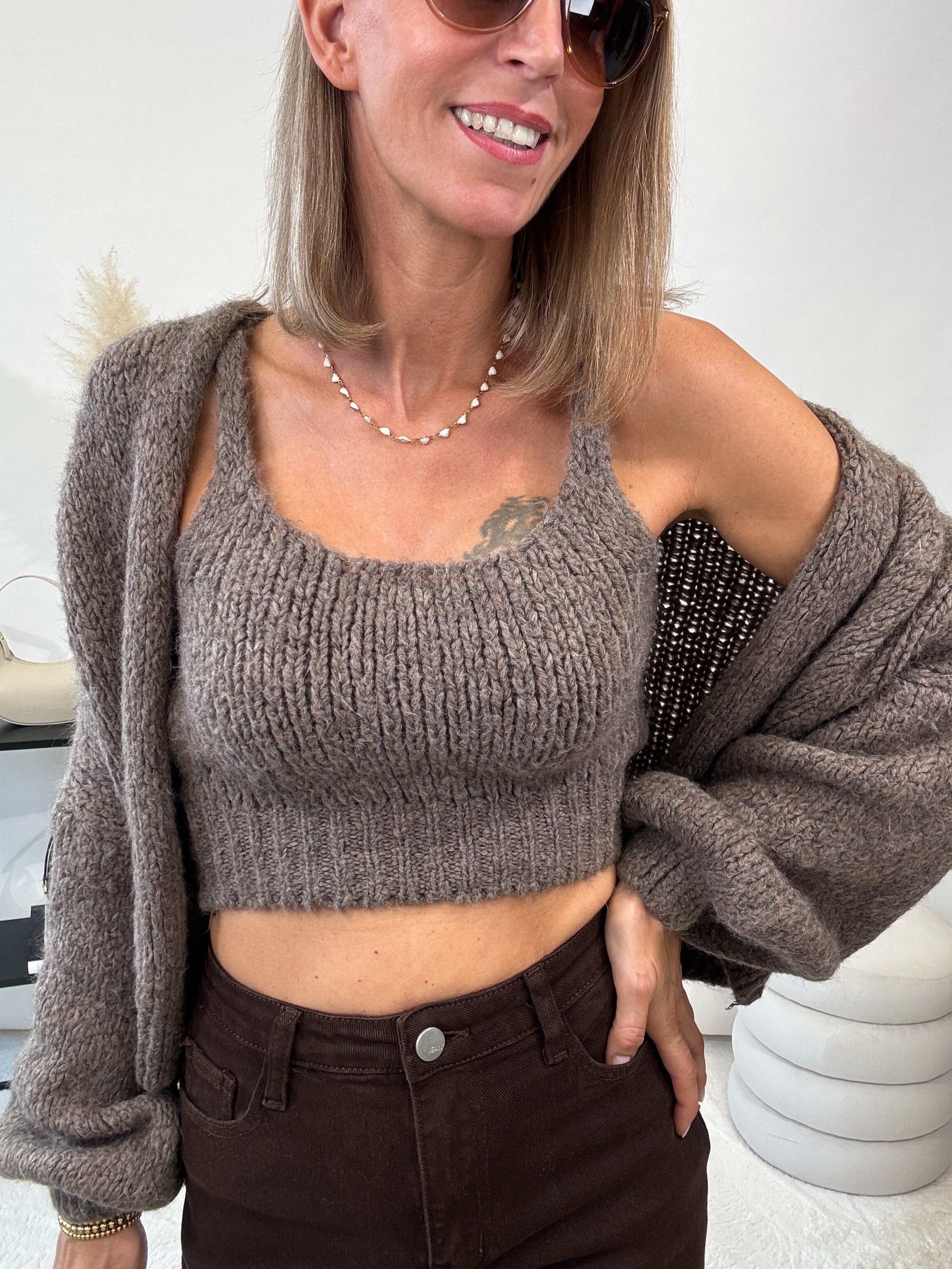 "Cozy Duo" weiches Set aus Top und Cardigan - mocca