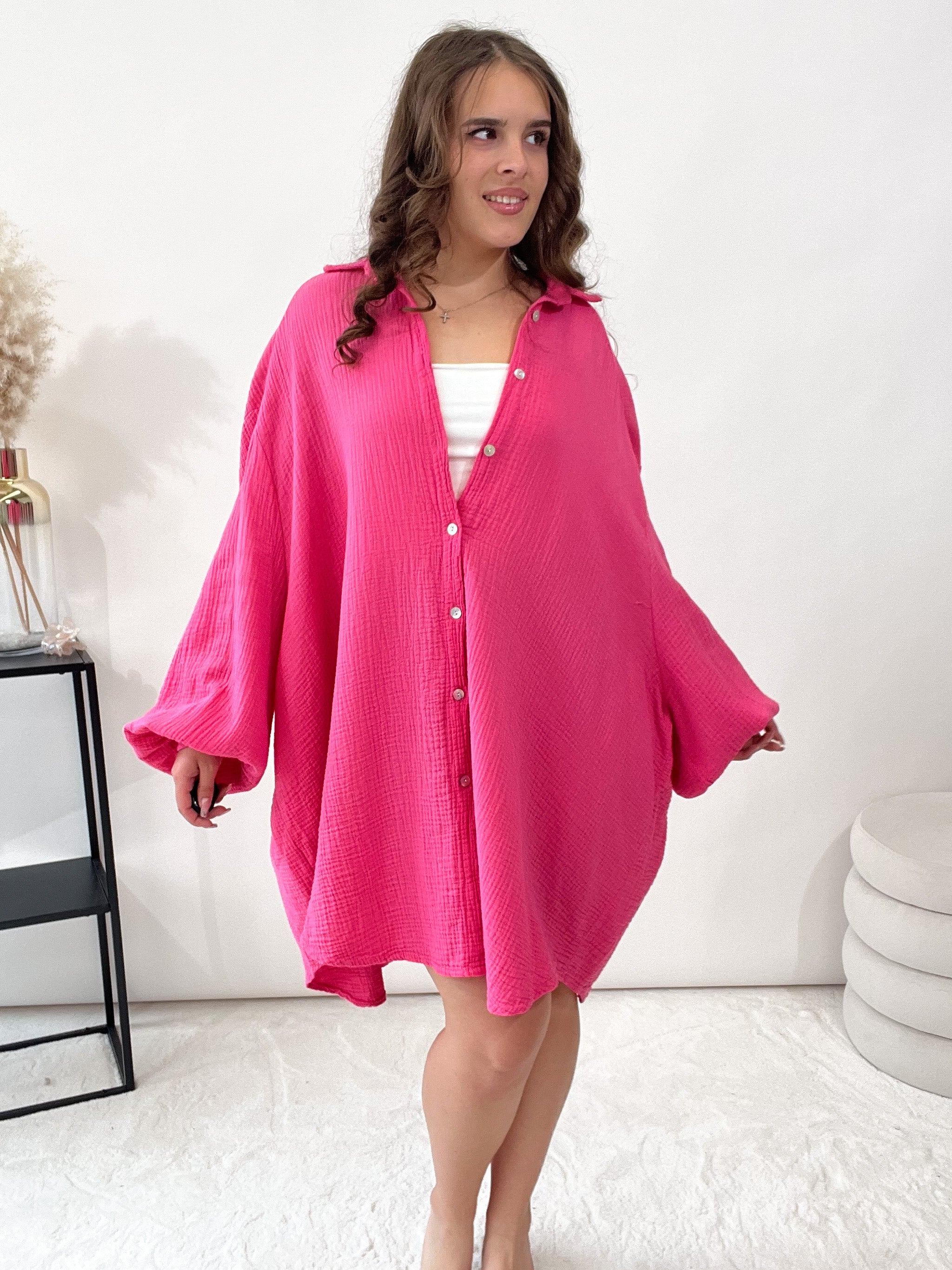 "Musselin Maxi" lange Oversize Bluse aus Baumwolle - fuchsia