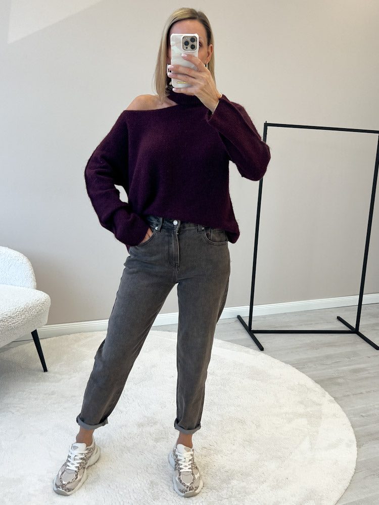 "Laguna" Pullover mit Cut-Out aus Lana & Alpaka Wolle - plum
