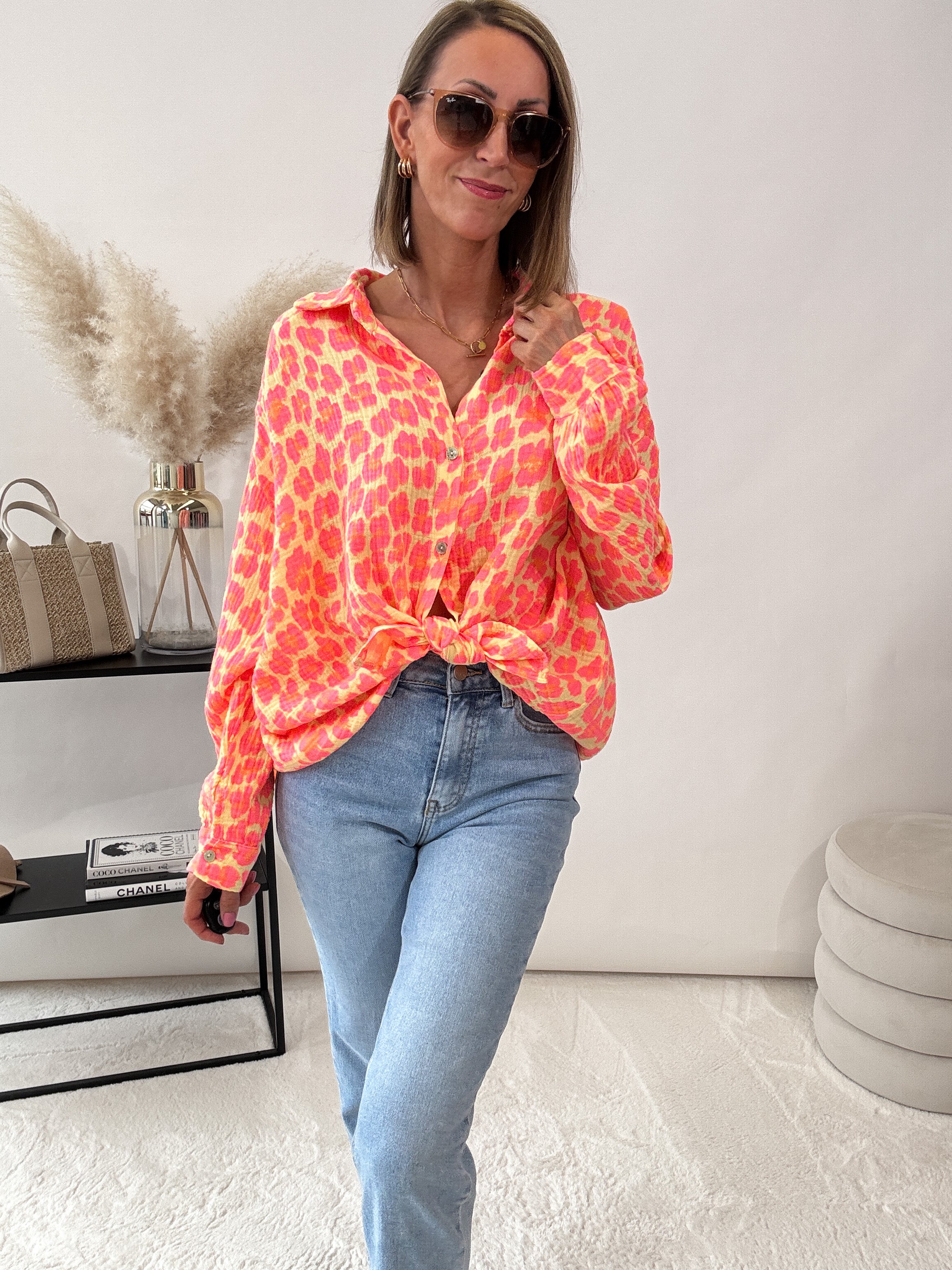 "Waffle 2.0 Leo Midi" kurze Musselinbluse - glowy yellow/pink