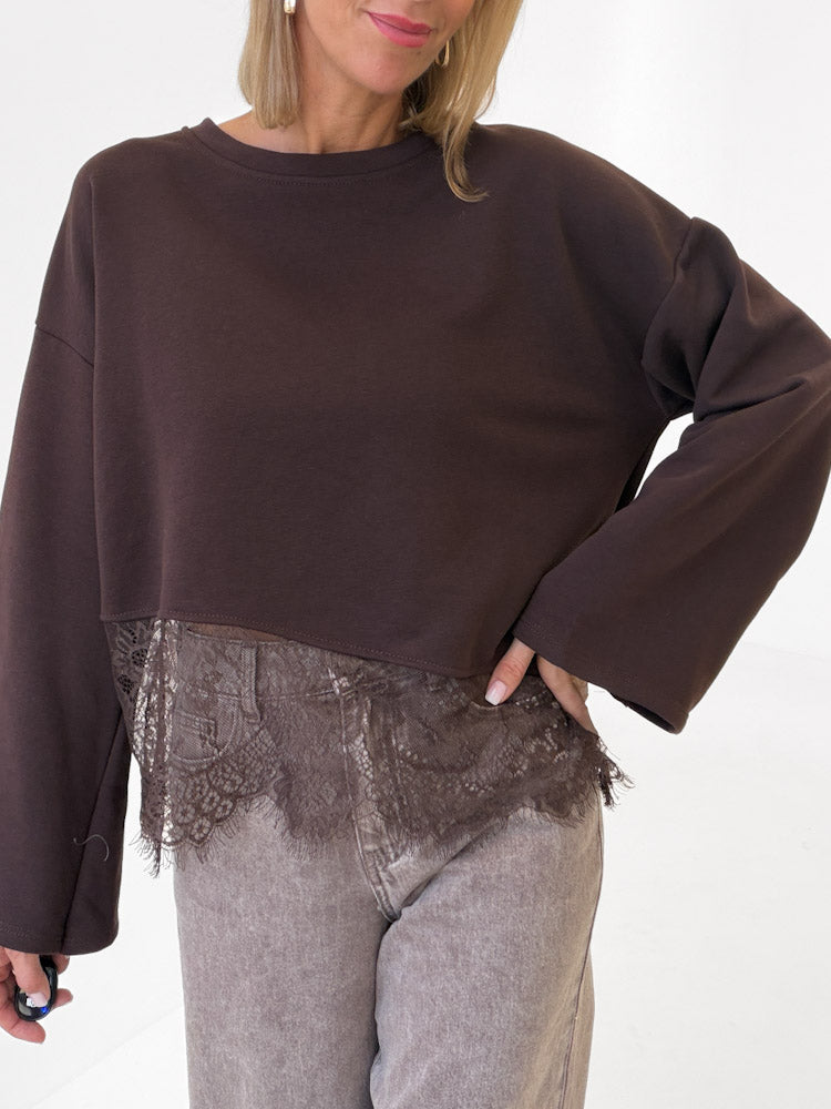 "Faro Lace" stylisches Sweatshirt mit Spitzendetails - chocobraun