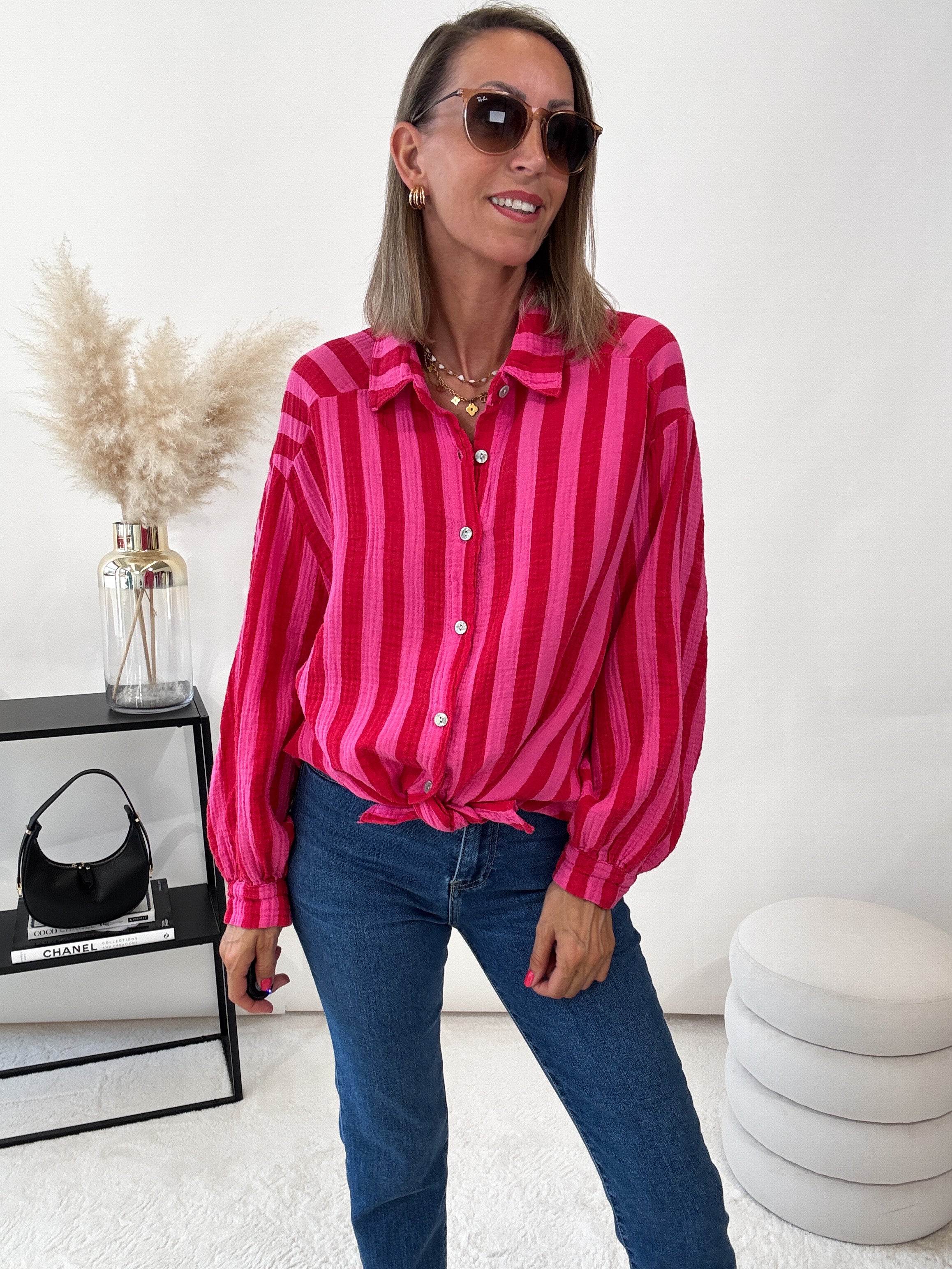 "Stripes Midi" Musselin Bluse mit Streifen - rot/pink