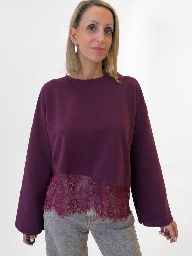 "Faro Lace" stylisches Sweatshirt mit Spitzendetails - plum