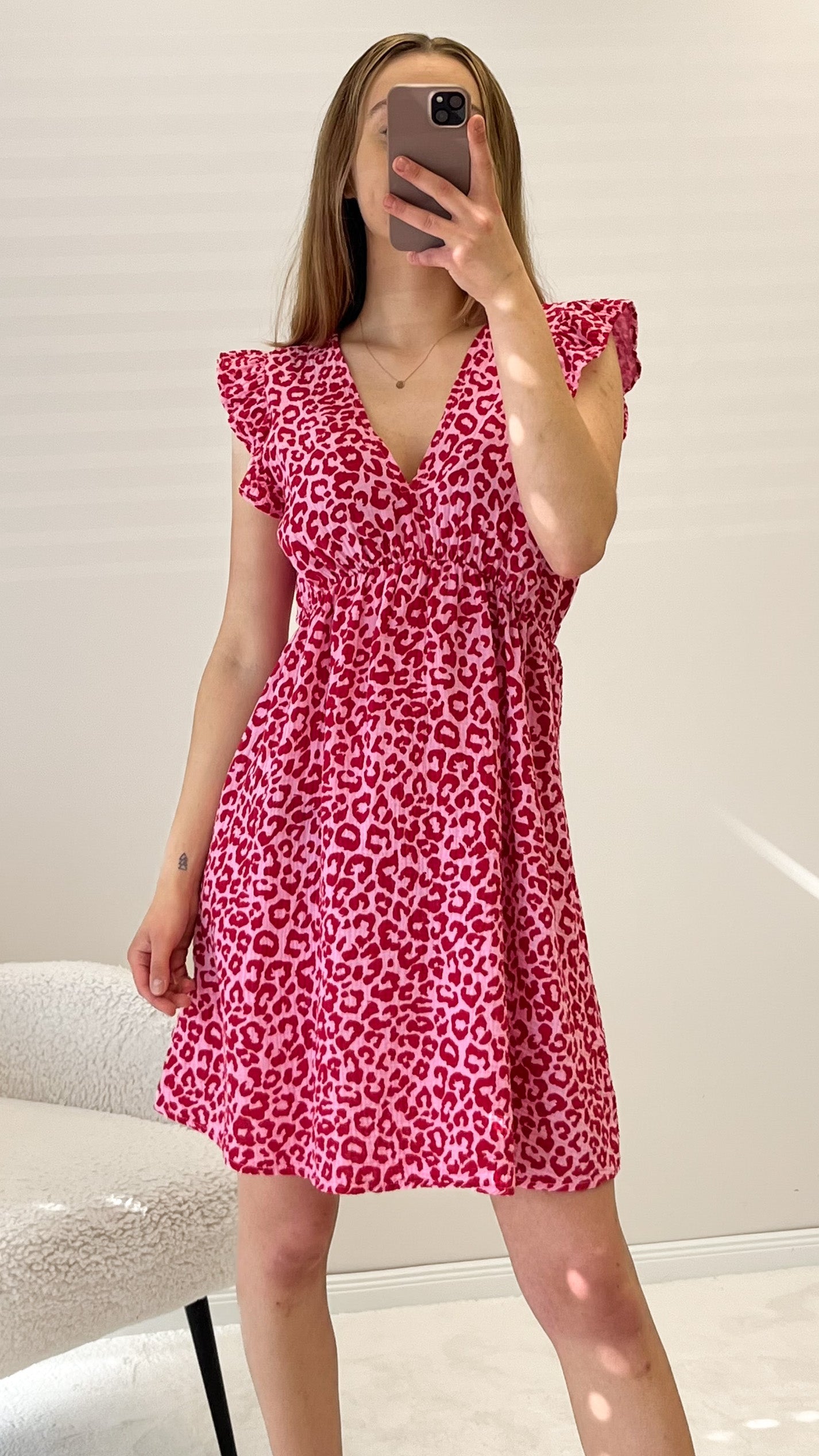 ,,Pianosa Midi"- Leo Midikleid aus Musselin - rosa/rot