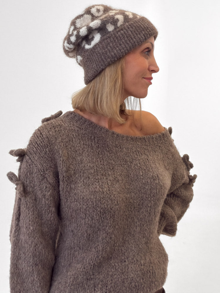 "Lilou Hat" kuschelige Leo Mütze aus Wolle - mocca/creme