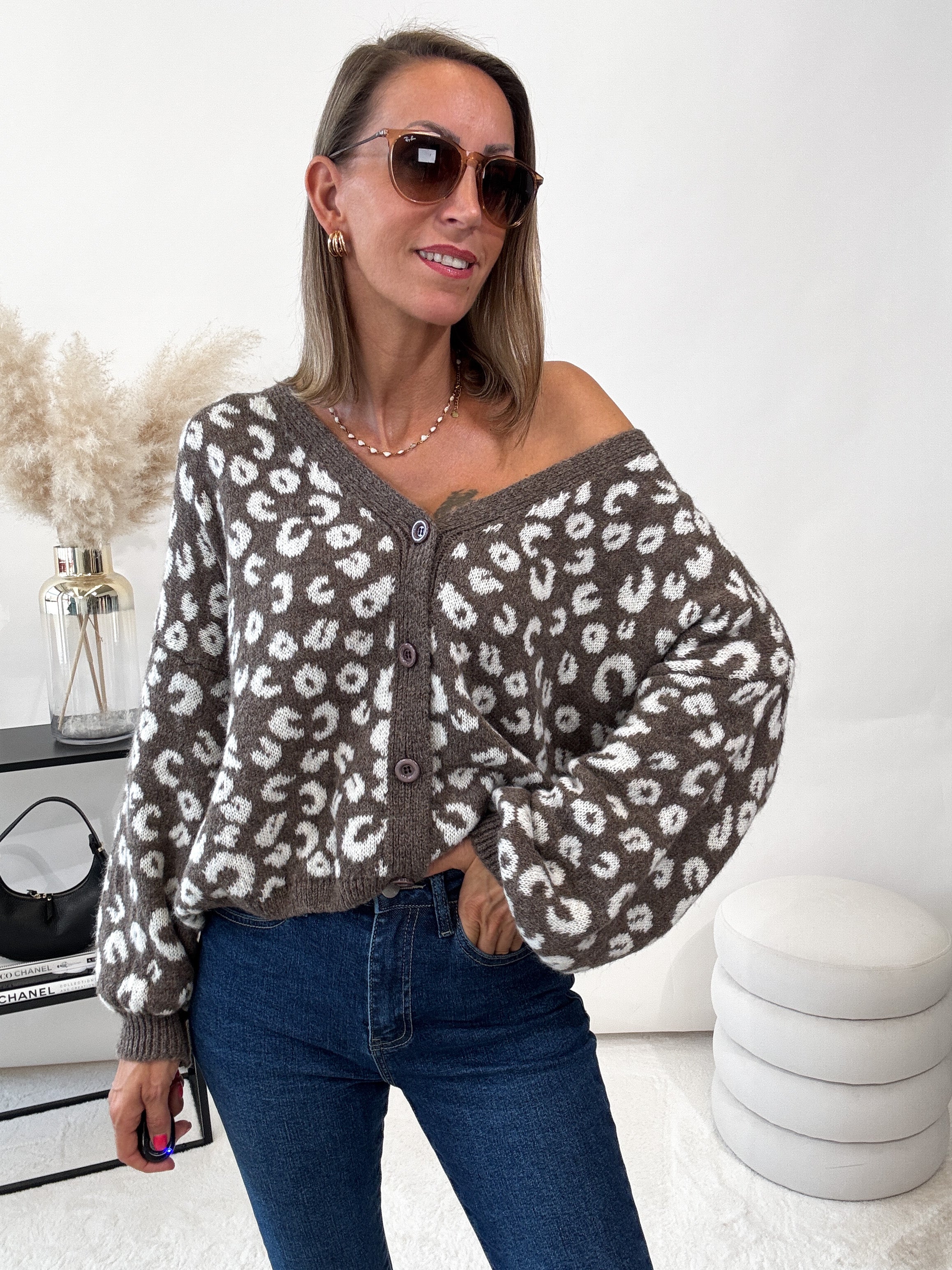 "Firenze" kuscheliger Leo Cardigan - braun/creme