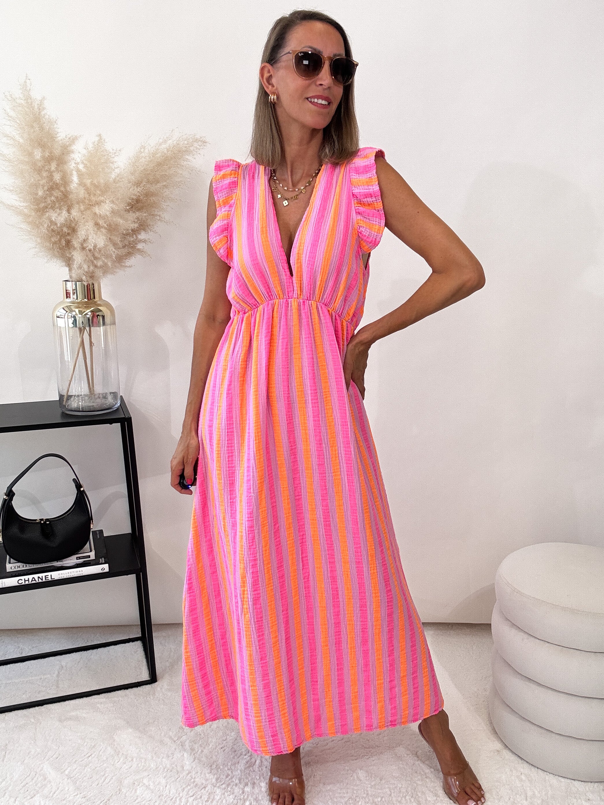 ,,Pianosa"- Stripes Maxikleid aus Musselin - rosa/orange