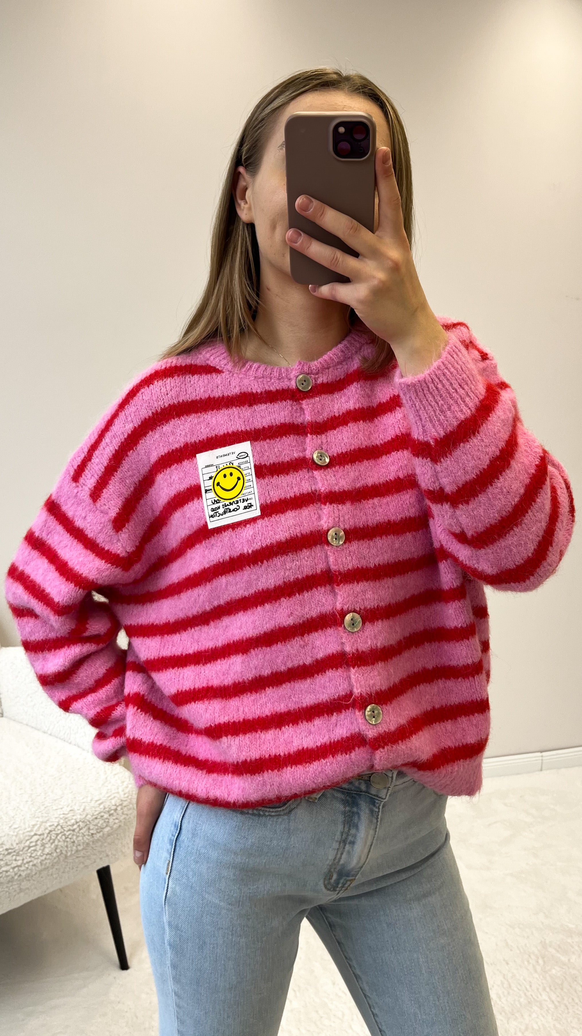 "Bari Stripes" kuscheliger Cardigan - rosa/rot