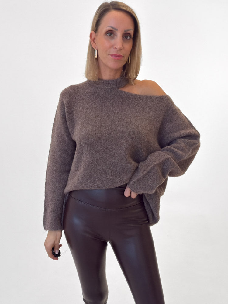 "Laguna" Pullover mit Cut-Out aus Lana & Alpaka Wolle - mocca