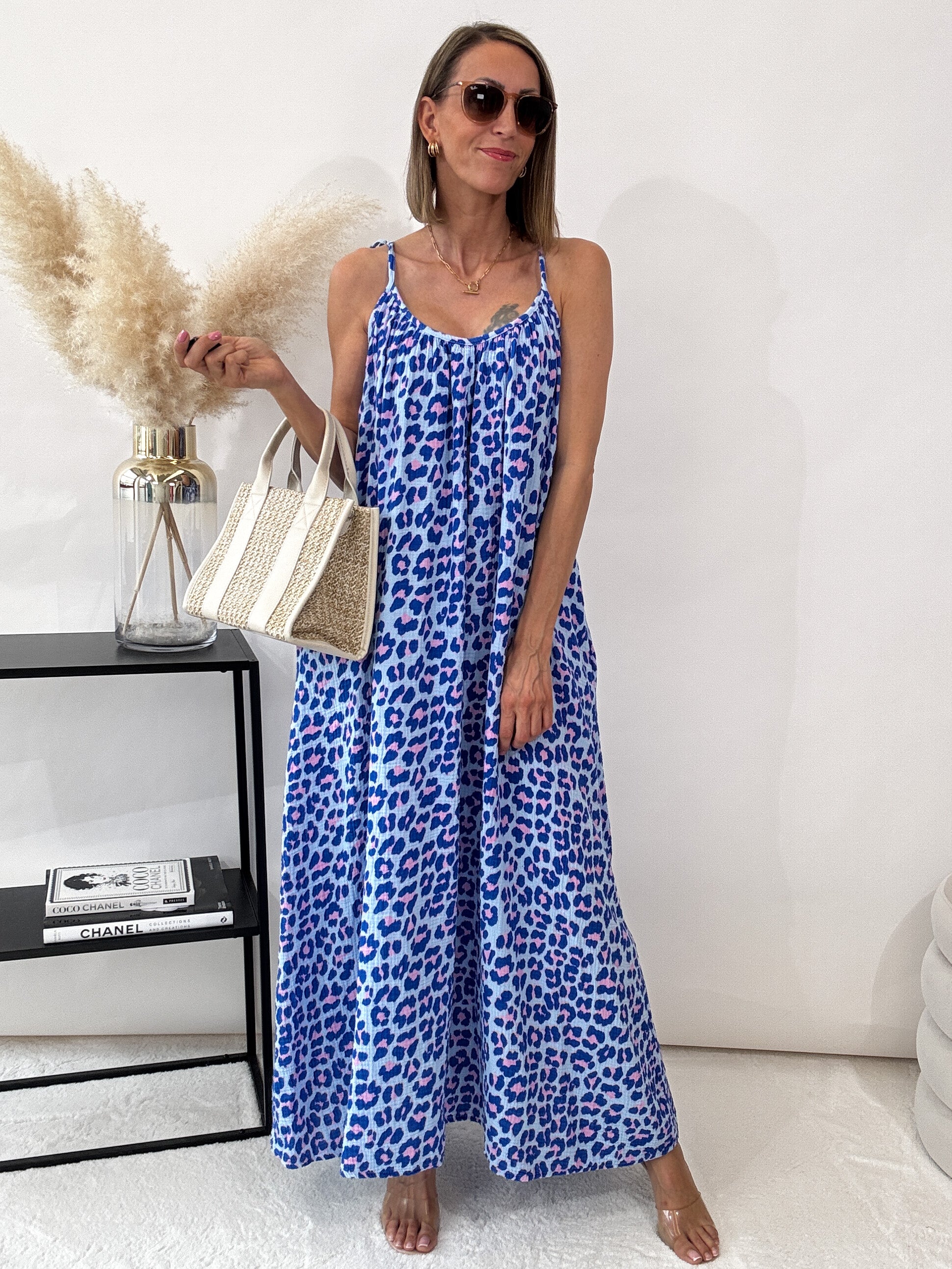 ,,Waffel Leo Dress"- Maxikleid aus Musselin - blau