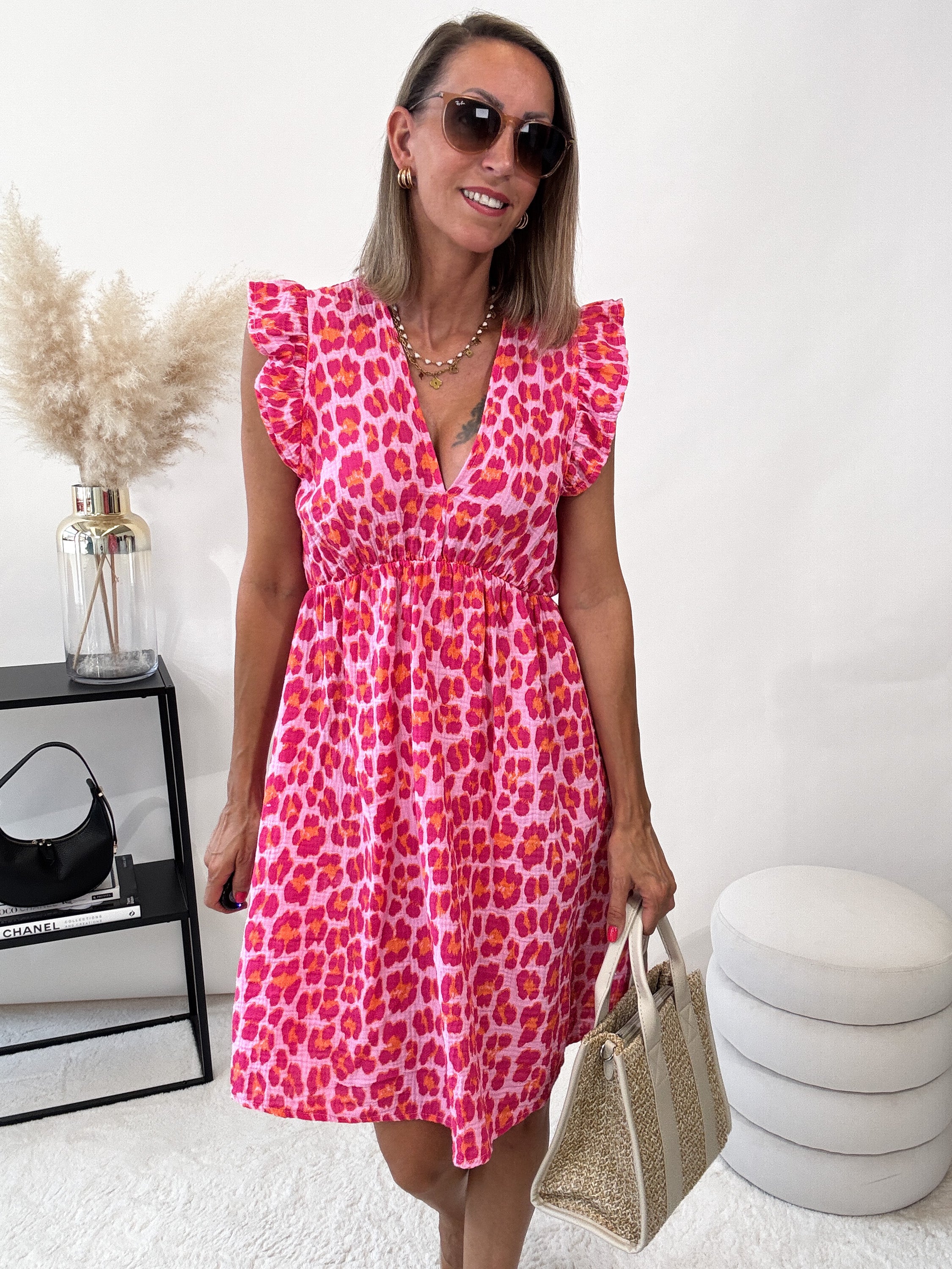 ,,Pianosa Midi"- Leo Midikleid aus Musselin - pink/orange