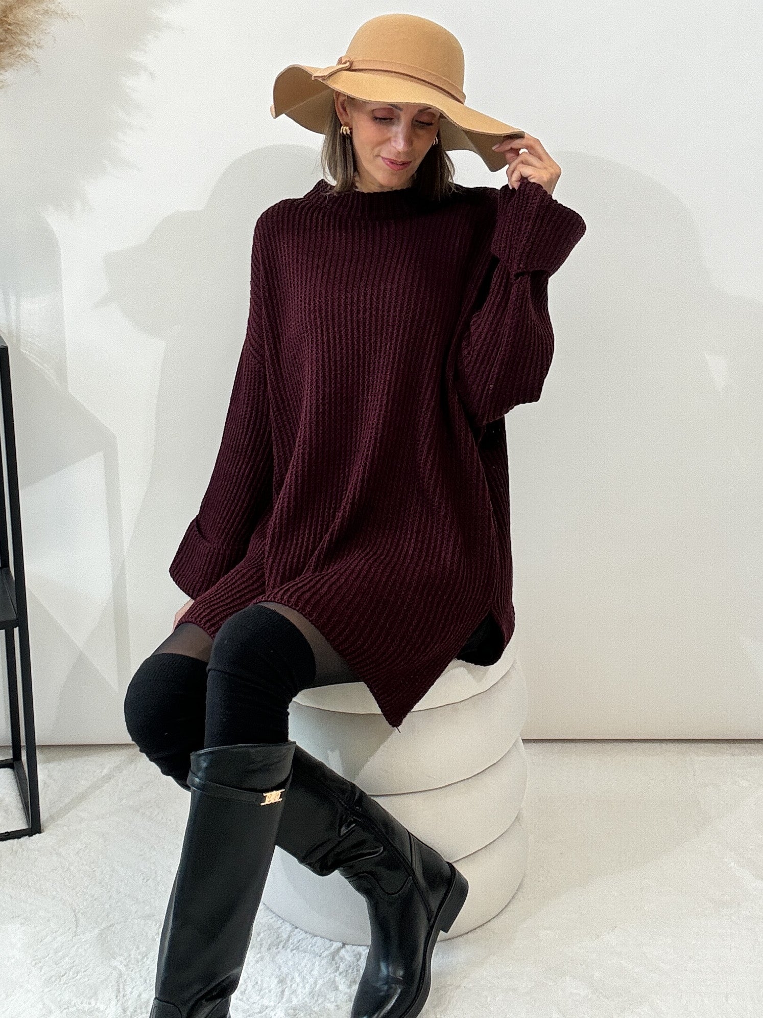 Strickpullover mit Schlitz - bordeaux