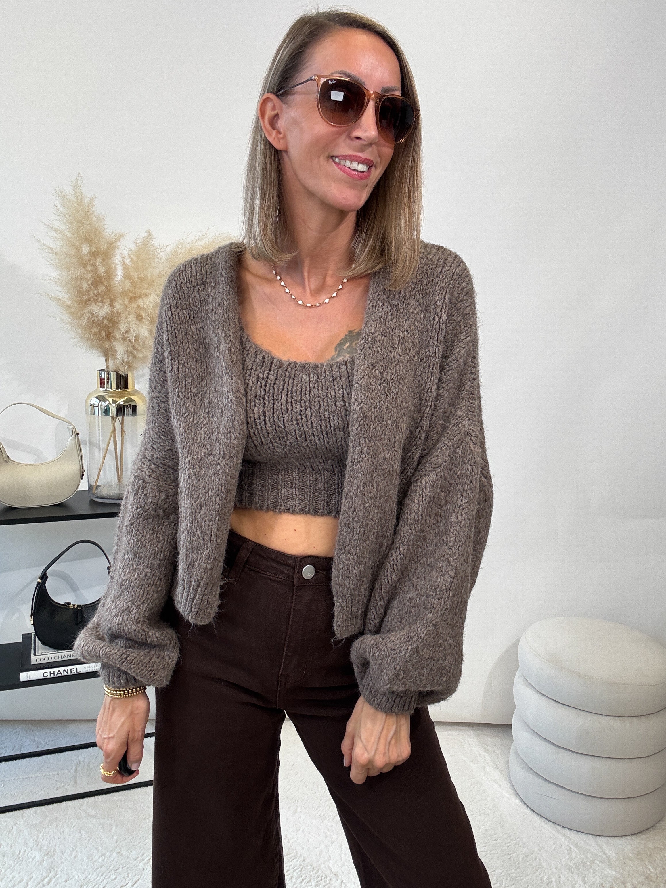 "Cozy Duo" weiches Set aus Top und Cardigan - mocca