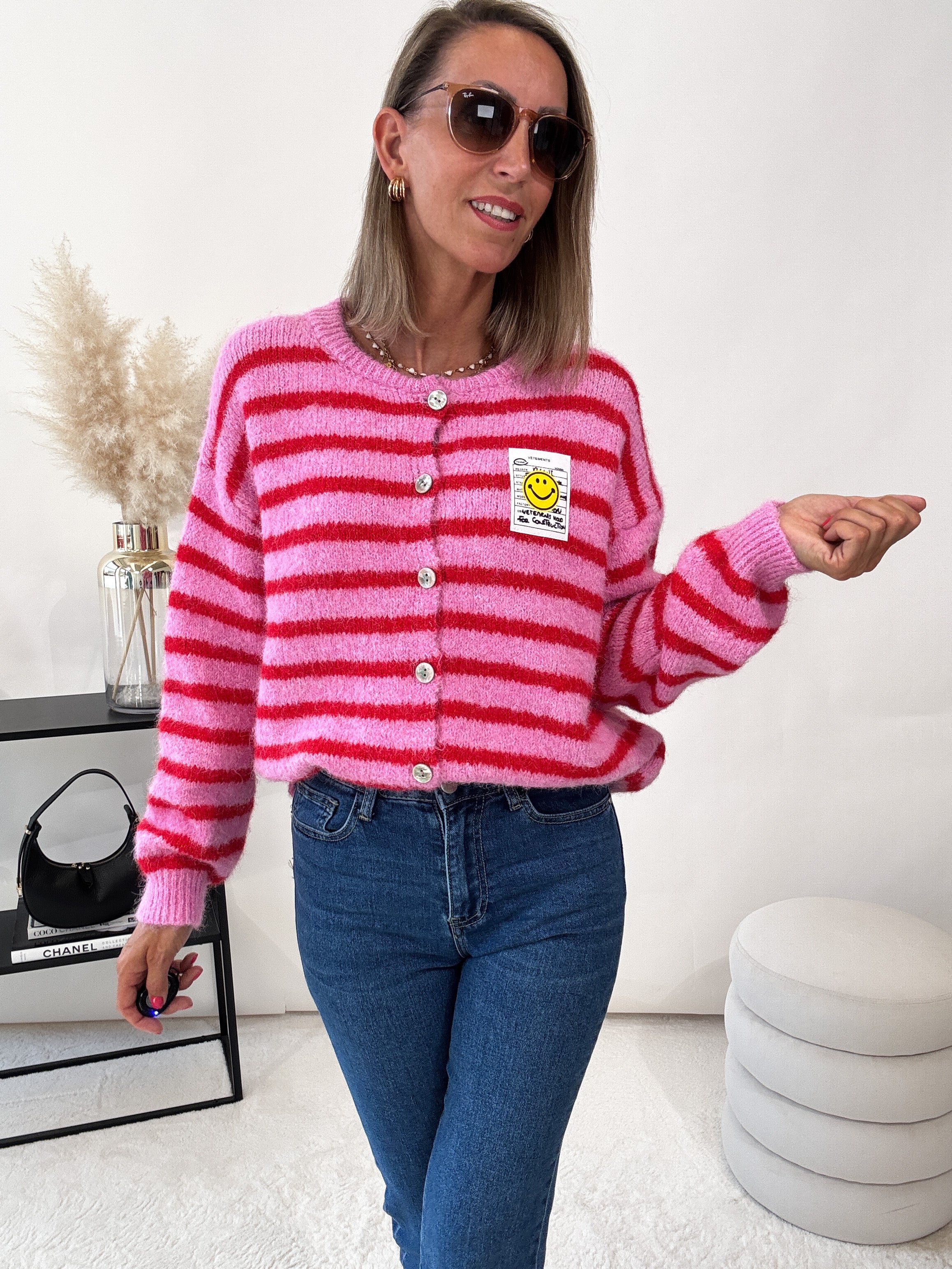 "Bari Stripes" kuscheliger Cardigan - rosa/rot