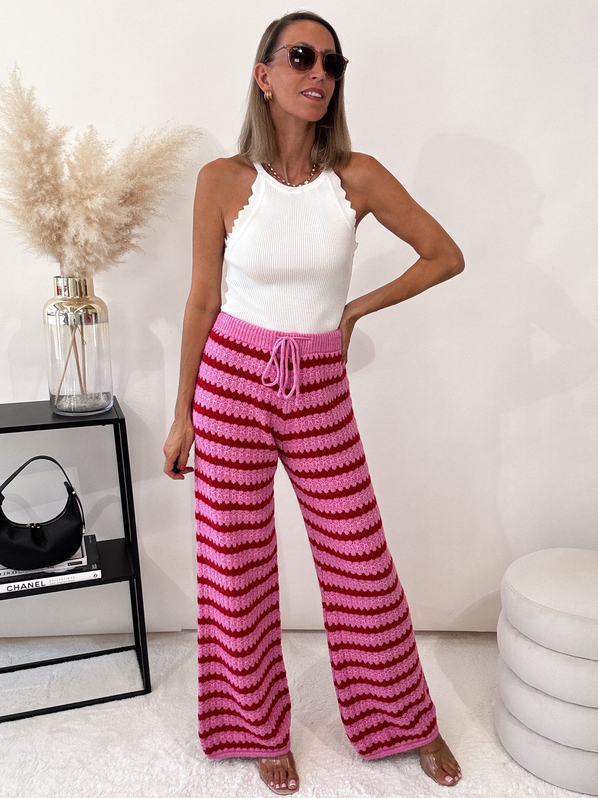 "Candy Stripes" bequeme Strickhose - rosa/rot