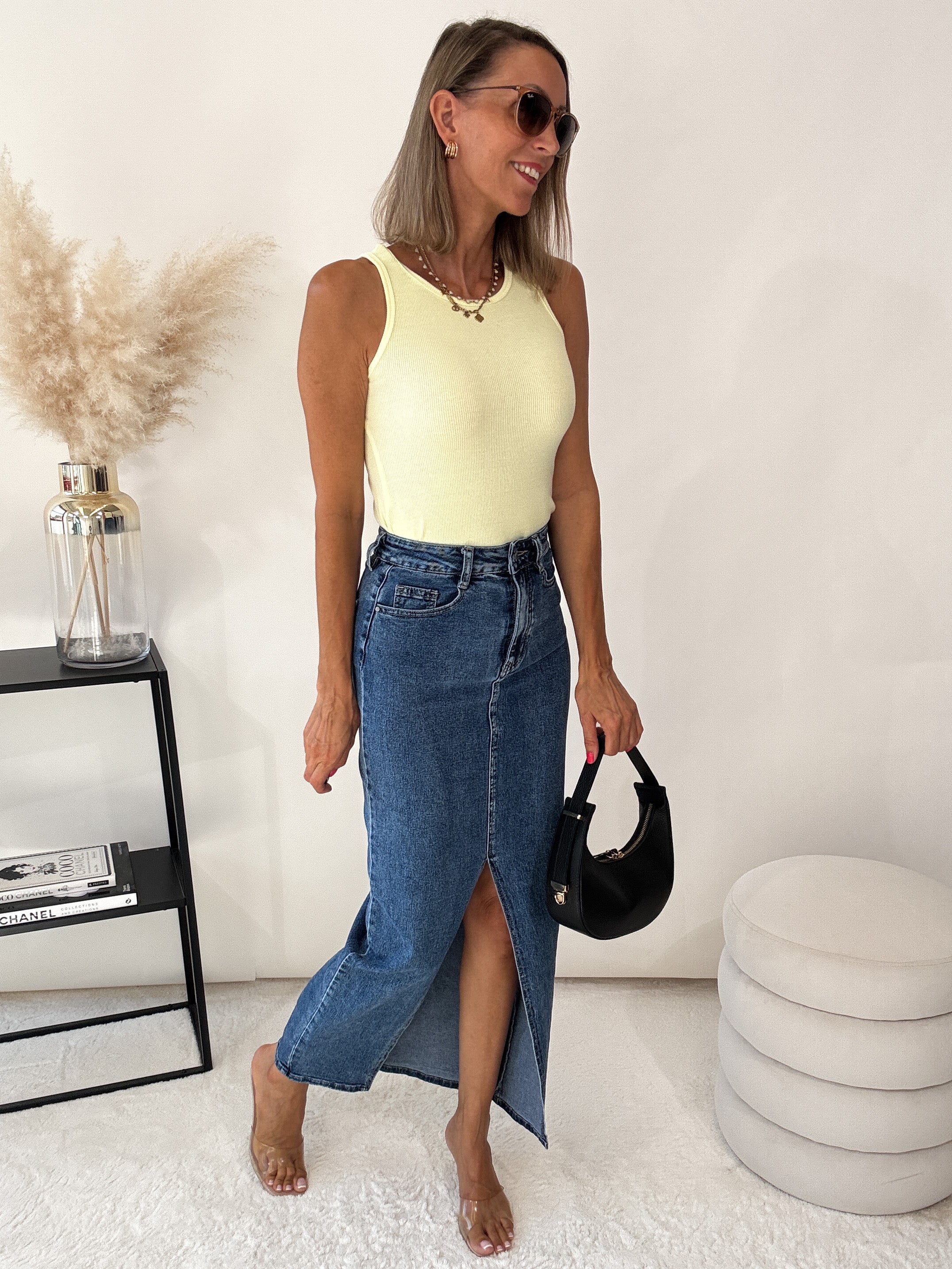 "Almeria" langer Jeansrock mit Schlitz - blau