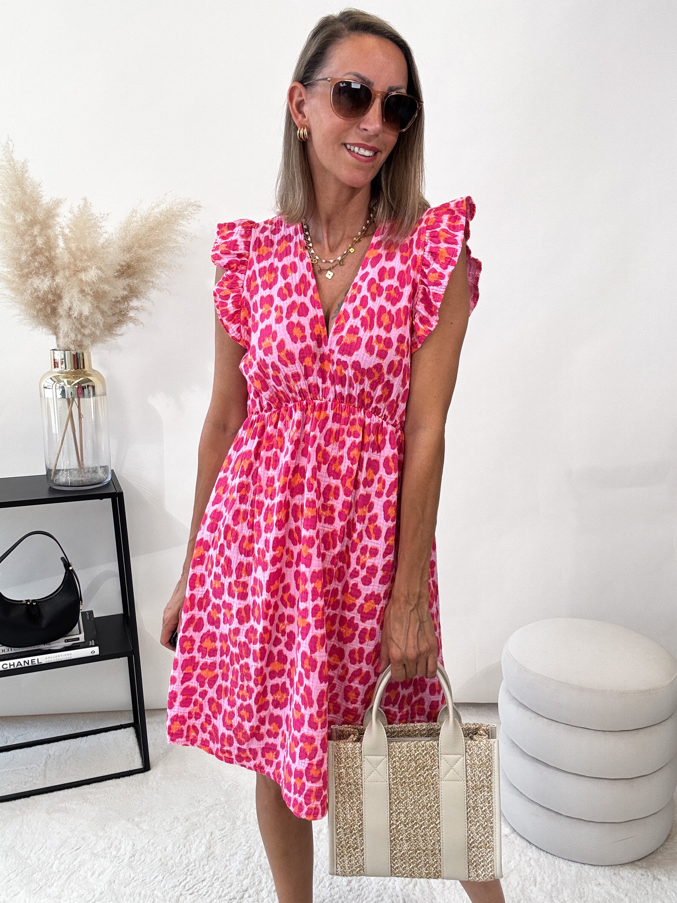 ,,Pianosa Midi"- Leo Midikleid aus Musselin - pink/orange